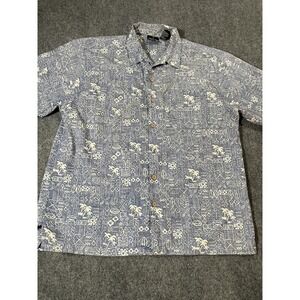 Op Sports Shirt Mens Large Blue Hawaiian Aloha Tiki Print Cotton Button Front